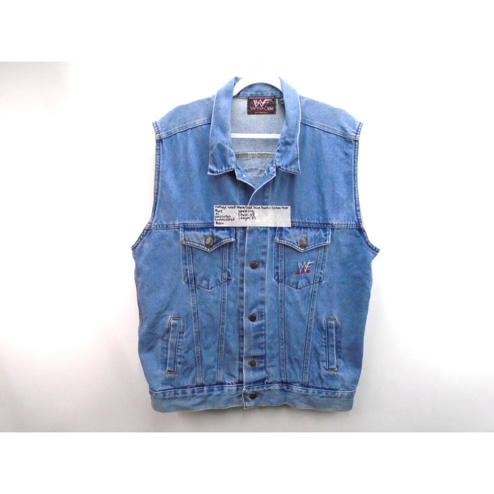 Vintage 90's WWF Denim Jacket Vest Stone Cold Steve Austin Wrestling Titan Sport